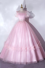 Prom Dresse Backless, Pink Tulle Lace Long Prom Dress, Lovely A-Line Short Sleeve Evening Dress