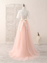 Party Dress For Couple, Pink Tulle Lace Long Prom Dress Pink Bridesmaid Dress