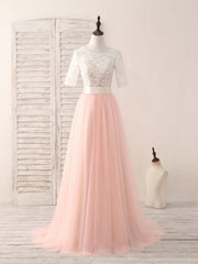 Party Dress Ideas For Curvy Figure, Pink Tulle Lace Long Prom Dress Pink Bridesmaid Dress
