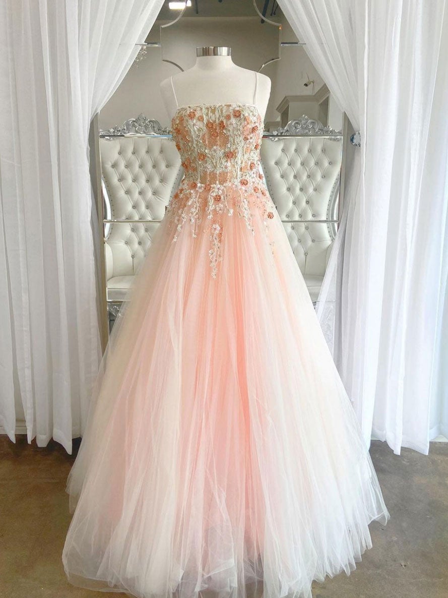 Prom Dresses Stores, Pink tulle lace long prom dress, pink lace long evening dress