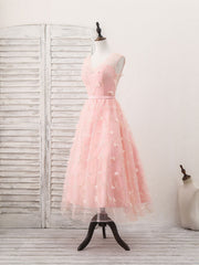 Gold Prom Dress, Pink Tulle Lace Tea Length Prom Dress, Pink Homecoming Dress