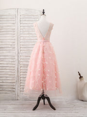 Prom Dress For Kids, Pink Tulle Lace Tea Length Prom Dress, Pink Homecoming Dress