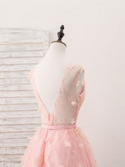 Dream, Pink Tulle Lace Tea Length Prom Dress, Pink Homecoming Dress