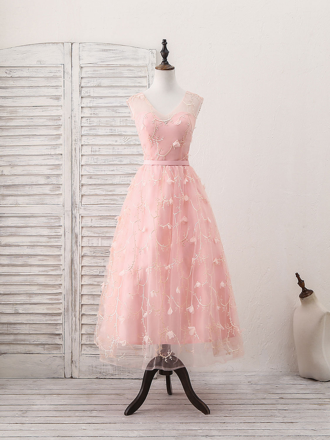 Maxi Dress, Pink Tulle Lace Tea Length Prom Dress, Pink Homecoming Dress