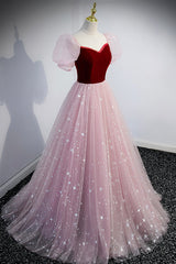 Prom Dressed Long, Pink Tulle Long A-Line Prom Dress, Lovely Short Sleeve Evening Party Dress