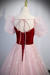 Prom Dresses Shop, Pink Tulle Long A-Line Prom Dress, Lovely Short Sleeve Evening Party Dress