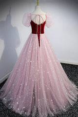 Prom Dresses Shopping, Pink Tulle Long A-Line Prom Dress, Lovely Short Sleeve Evening Party Dress