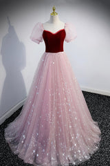 Prom Dresse Long, Pink Tulle Long A-Line Prom Dress, Lovely Short Sleeve Evening Party Dress