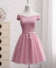 Homecoming Dresses For Middle School, Pink Tulle Long Party Dress , Cute Off Shoulder Bridesmaid Dresses