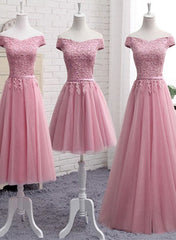 Homecomming Dress Vintage, Pink Tulle Long Party Dress , Cute Off Shoulder Bridesmaid Dresses
