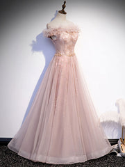 Fantasy Dress, Pink Tulle Long Prom Dress, A line Pink Formal Graduation Dresses