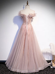Party Dress Beige, Pink Tulle Long Prom Dress, A line Pink Formal Graduation Dresses