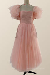 Bridesmaid Dresses Beach Wedding, Pink Tulle Midi Dress with Short Puffy Sleeves