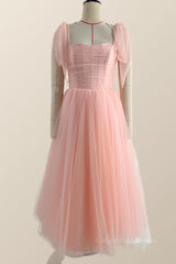 Bridesmaid Dress For Beach Wedding, Pink Tulle Midi Dress with Short Puffy Sleeves