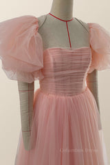 Bridesmaid Dresses For Beach Wedding, Pink Tulle Midi Dress with Short Puffy Sleeves