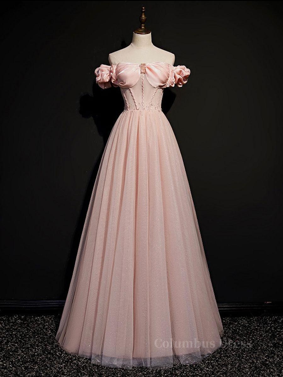 Prom Dress Spring, Pink tulle off shoulder long prom dress, pink tulle formal dress