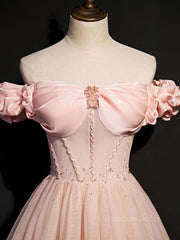 Prom Dressed A Line, Pink tulle off shoulder long prom dress, pink tulle formal dress