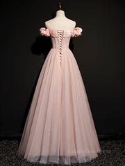 Prom Dresses Green, Pink tulle off shoulder long prom dress, pink tulle formal dress