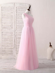 Party Dress Look, Pink Tulle One Shoulder Long Prom Dress Pink Bridesmaid Dress