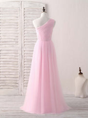 Party Dress New, Pink Tulle One Shoulder Long Prom Dress Pink Bridesmaid Dress
