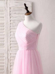 Party Dress Outfit Ideas, Pink Tulle One Shoulder Long Prom Dress Pink Bridesmaid Dress