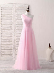 Party Dresses Teen, Pink Tulle One Shoulder Long Prom Dress Pink Bridesmaid Dress