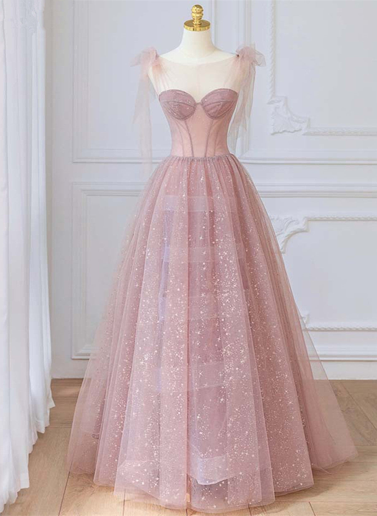 Bridesmaid Dress Cheap, Pink Tulle Round Neckline A-line Party Dress, Pink Floor Length Evening Dress