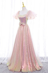 Bridesmaids Dress Chiffon, Pink Tulle Sequins Long Prom Dress, Cute Short Sleeve Evening Dress
