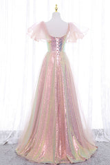 Bridesmaid Dress Chiffon, Pink Tulle Sequins Long Prom Dress, Cute Short Sleeve Evening Dress