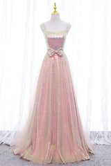 Bridesmaids Dresses Chiffon, Pink Tulle Sequins Long Prom Dress, Cute Short Sleeve Evening Dress