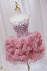 Party Dress Inspiration, Pink Tulle Short Homecoming Dress with Rhinestones, Cute Party Dress