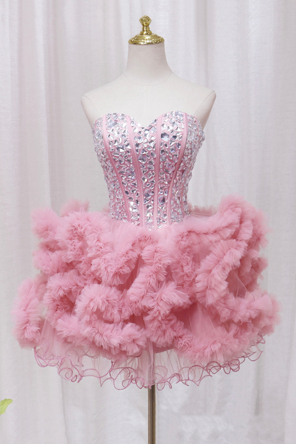 Party Dress Outfit, Pink Tulle Short Homecoming Dress with Rhinestones, Cute Party Dress