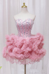 Party Dress Outfit, Pink Tulle Short Homecoming Dress with Rhinestones, Cute Party Dress