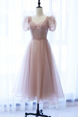 Party Dress Outfits, Pink Tulle Short Prom Dress, Cute Short Sleeve Party Dress