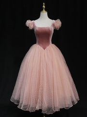 Formal Dress With Embroidered Flowers, Pink Tulle Short Prom Dress, Pink Tulle Puffy Homecoming Dress