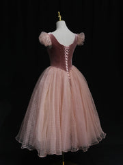 Floral Prom Dress, Pink Tulle Short Prom Dress, Pink Tulle Puffy Homecoming Dress