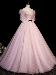 Evening Dress With Sleeve, Pink Tulle Short Sleeves Ball Gown Long Formal Dresses, Pink Evening Dresses