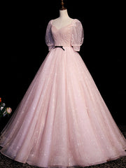 Evening Dresses Floral, Pink Tulle Short Sleeves Ball Gown Long Formal Dresses, Pink Evening Dresses