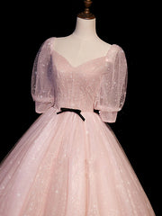 Evening Dress Green, Pink Tulle Short Sleeves Ball Gown Long Formal Dresses, Pink Evening Dresses