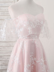 Prom Dress Light Blue, Pink Tulle Sweetheart Lace Short Prom Dress, Pink Homecoming Dress