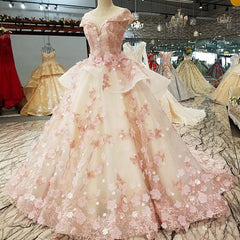 Prom Dresses Floral, Pink Tulle with Flowers and Beaded Long Party Dress, Pink Sweet 16 Gown