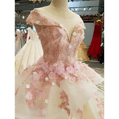 Prom Dresses Long Sleeves, Pink Tulle with Flowers and Beaded Long Party Dress, Pink Sweet 16 Gown