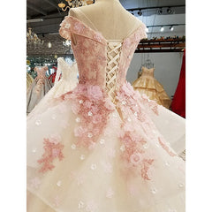 Prom Dress Elegent, Pink Tulle with Flowers and Beaded Long Party Dress, Pink Sweet 16 Gown