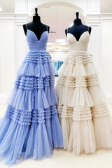 Party Dress Long, Pink V Neck Layers Tulle Long Ball Gown,Light Blue A Line Spaghetti Strap Evening Dresses