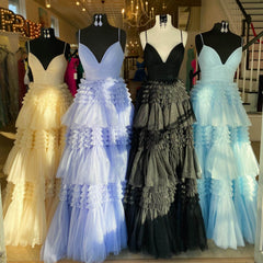 Party Dresses Long, Pink V Neck Layers Tulle Long Ball Gown,Light Blue A Line Spaghetti Strap Evening Dresses