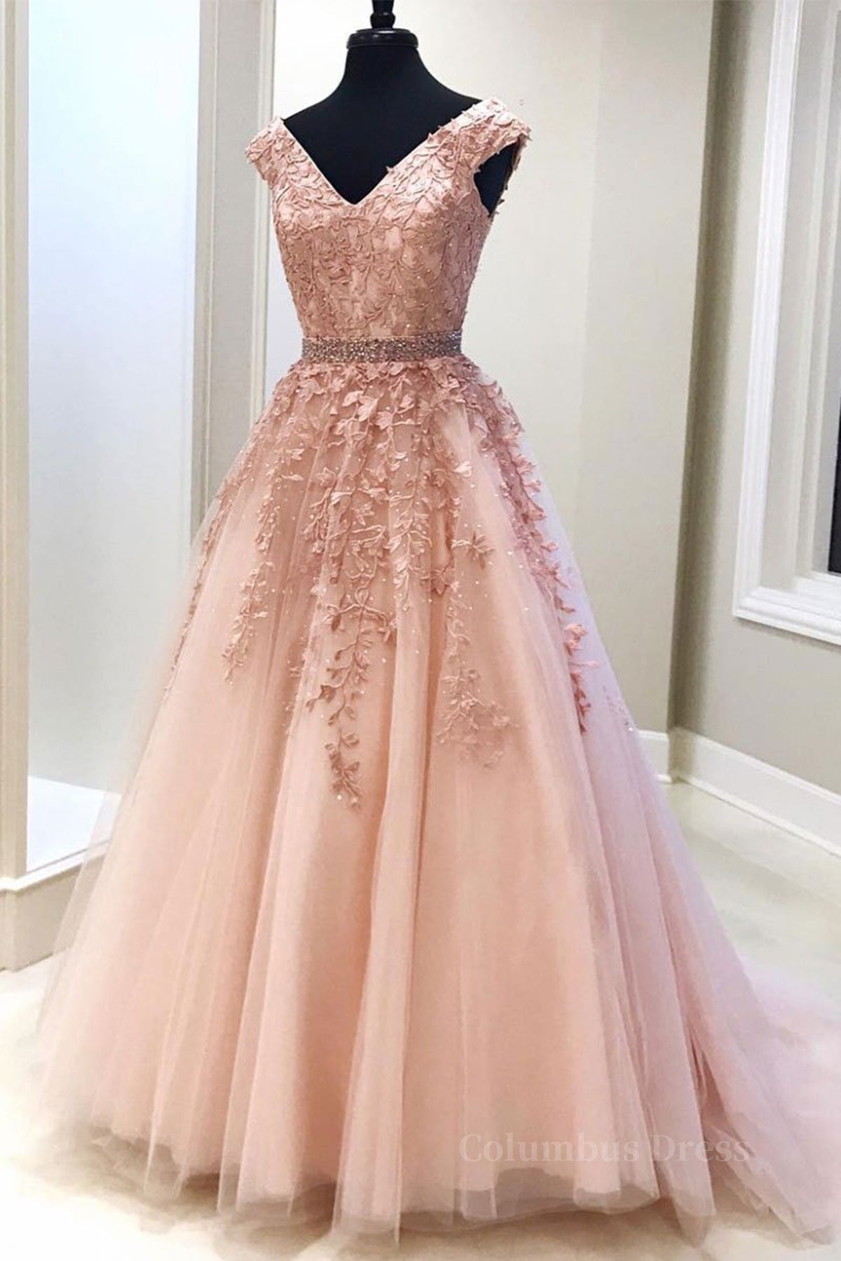 Prom Dress Red, Pink V Neck Long Lace Prom Dresses, Pink V Neck Long Lace Formal Evening Dresses