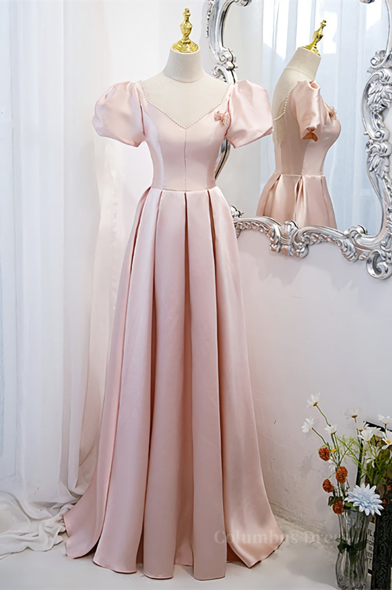 Formal Dresses Midi, Pink V Neck Puff Sleeves Pearl Beaded 3D Applique Long Formal Dress