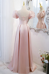 Formal Dresses Over 42, Pink V Neck Puff Sleeves Pearl Beaded 3D Applique Long Formal Dress