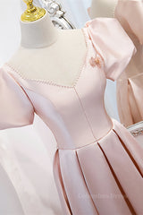 Formal Dresses For Winter Wedding, Pink V Neck Puff Sleeves Pearl Beaded 3D Applique Long Formal Dress