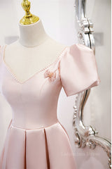 Formal Dresses For Fall Wedding, Pink V Neck Puff Sleeves Pearl Beaded 3D Applique Long Formal Dress